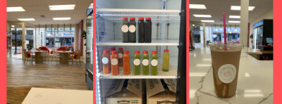 A view of the Red Hibiscus cafe, available juices, and a mixed juice in a cup