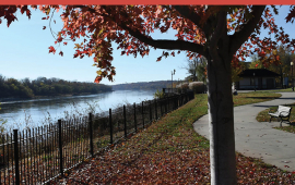 cover of newsletter with photo of tree with red leaves by the river