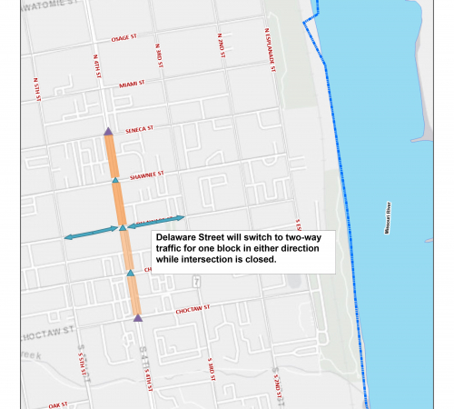 Image shows maps with marked construction detours. Verbage included in text of this page.
