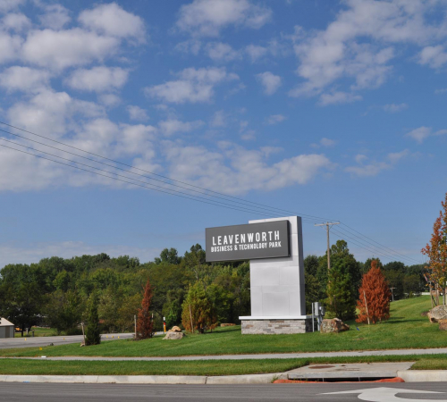 Leavenworth Business and Technology Park shows a sign of the park next to the street