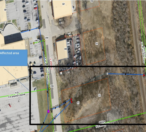 map of affected area near 601 S. Third Street to the Missouri River