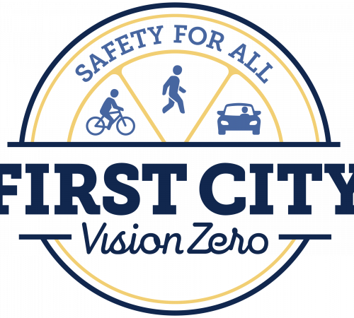 logo with a photo of a bicycle, pedestrian and automobile with words "safety for all" First City Vision Zero