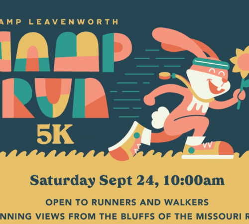 Camp Leavenworth 5K race logo with rabbit running with a sunflower
