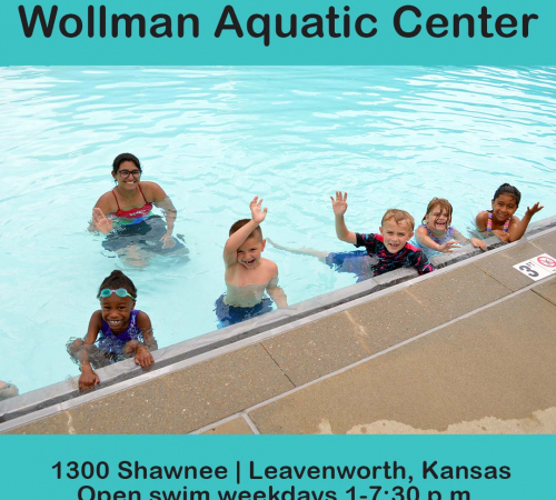 photo of children waving at a pool, text reads Wollman Aquatic Center 1300 Shawnee Open swim weekdays 1-7:30 p.m.