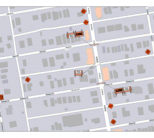 7th Street road closure map from Kiowa to Kickapoo streets