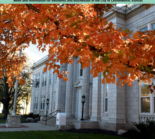 page 1 of newsletter shows Leavenworth City Hall with tree with orange leaves