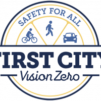 logo with a photo of a bicycle, pedestrian and automobile with words "safety for all" First City Vision Zero
