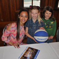 Girls smiling with signed basketball