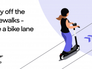 graphic of person riding a Bird scooter - reads "Stay off the sidewalks - use  a bike lane"