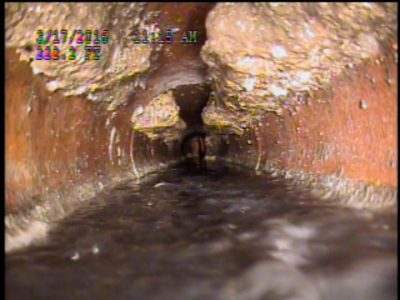 City sewer blockage - white spots along a pipe are a buildup as a result of fat or grease poured down the drain.