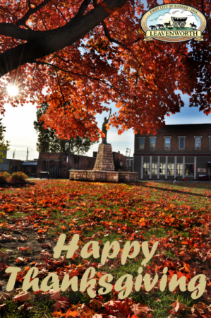 photo of fall leaves at City Hall below the State of Liberty Replica