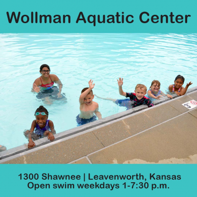 photo of children waving at a pool, text reads Wollman Aquatic Center 1300 Shawnee Open swim weekdays 1-7:30 p.m.