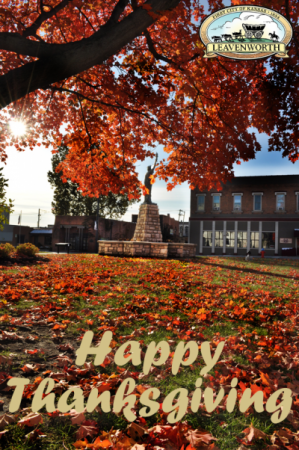 Photo of a fall tree near City Hall with the text Happy Thanksgiving and City logo
