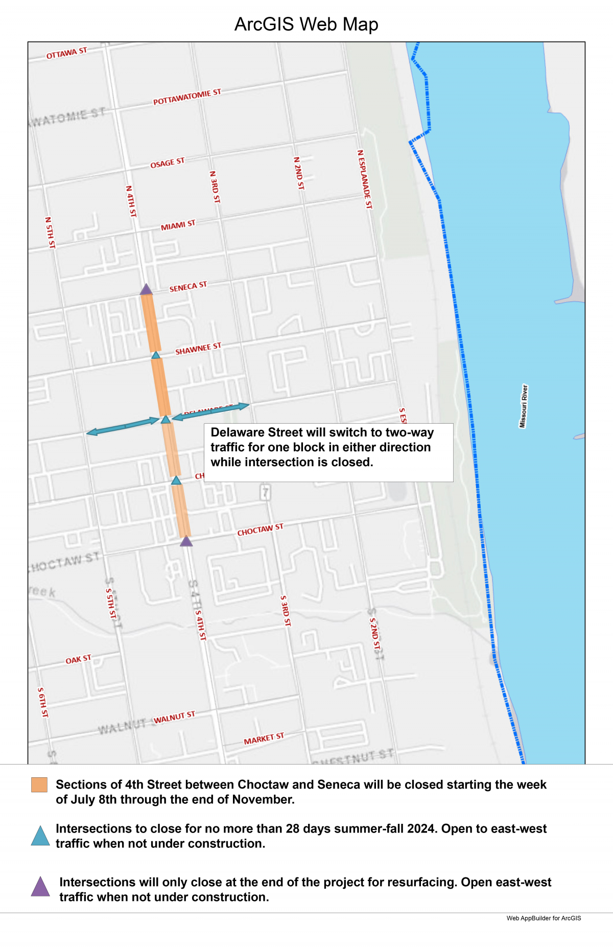 Image shows maps with marked construction detours. Verbage included in text of this page.