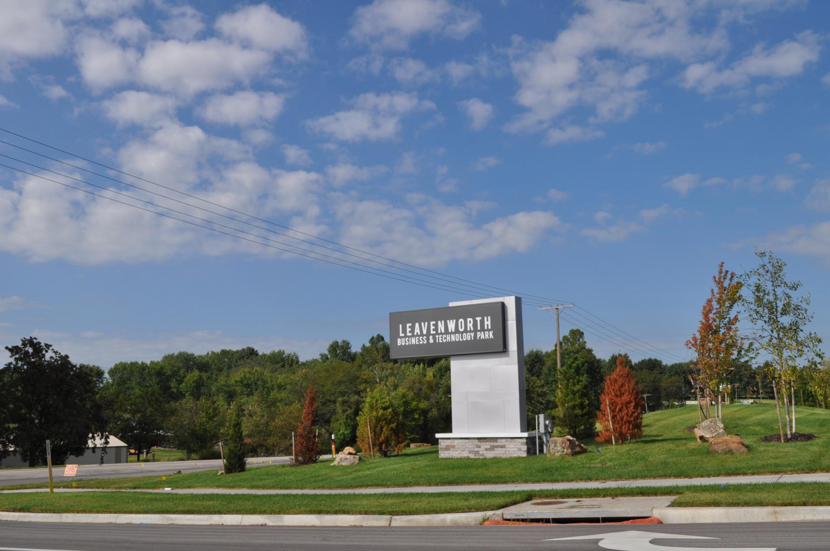 Leavenworth Business and Technology Park shows a sign of the park next to the street