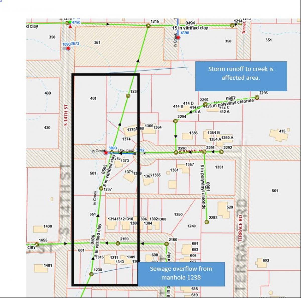 Map of affected creek area near 1300 Sanders