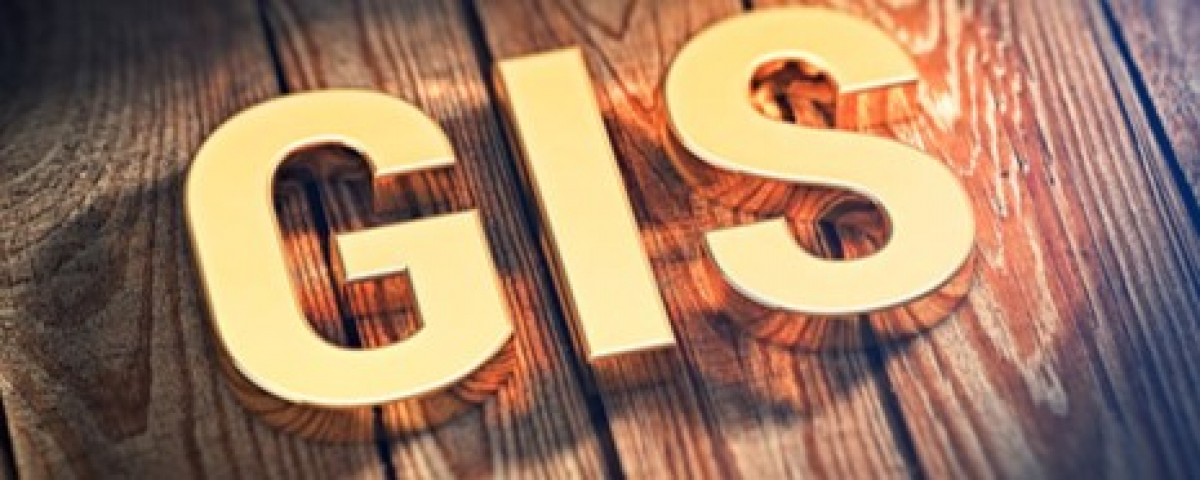 Image of a yellow sign text above woodgrain with words GIS