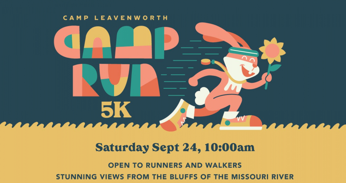 Camp Leavenworth 5K race logo with rabbit running with a sunflower