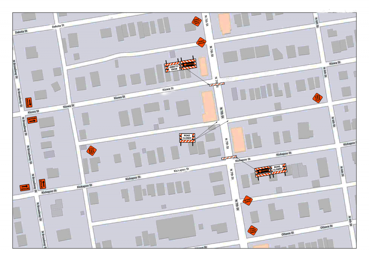 7th Street road closure map from Kiowa to Kickapoo streets