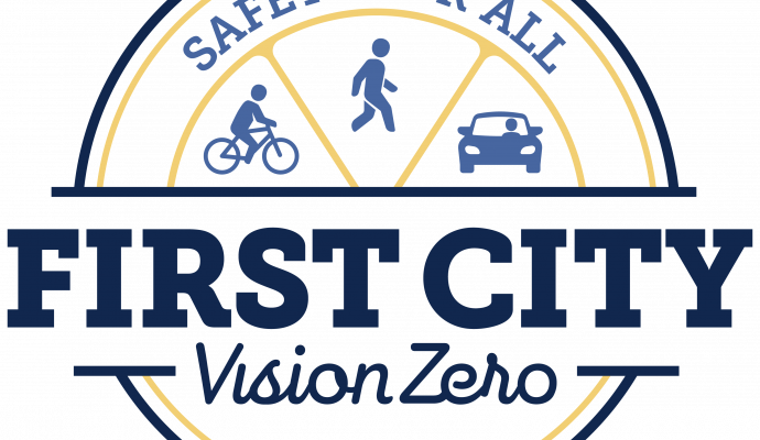 logo with a photo of a bicycle, pedestrian and automobile with words "safety for all" First City Vision Zero